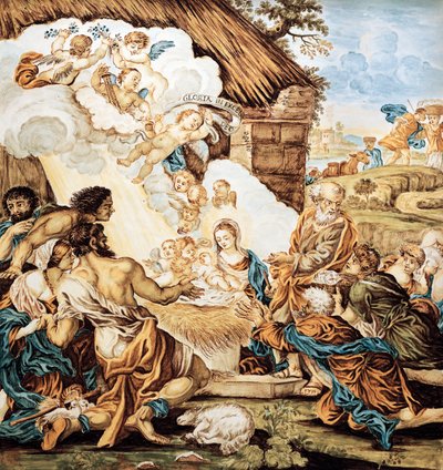 Berço, placa majolica pintada, por Francesco Antonio Xaverio Grue (1686-1746), fabrico Abruzzo Castelli, Itália de Francesco Antonio Xaverio Grue