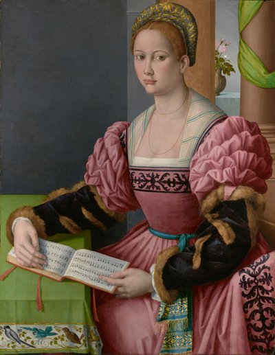 Retrato de uma mulher com um livro musical de Francesco Ubertini Bacchiacca