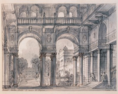 Cenografia para a segunda cena de "Les noces de Figaro (Le nozze di Figaro) de Wolfang Amadeus Mozart (1756-1791) dirigida pelo cenógrafo Francesco Bagnara (1784-1866) 1820-1839 Venice Museo Correr de Francesco Bagnara