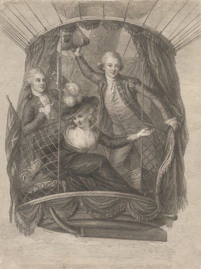 Ascensão de Madame Sage, Chevalier Biggin e Capitão Vincent Lunardi num Balão, 20 de Junho de 1785 de Francesco Bartolozzi