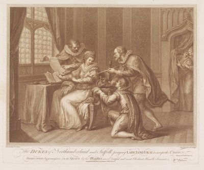 Duques de Northumberland e Suffolk pedem a Lady Jane Grey que aceite a coroa Os Duques de Northumberland e Suffolk rezando para Lady Jane Grey aceitar a coroa (título no objeto) de Francesco Bartolozzi