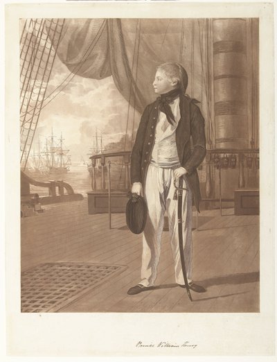Retrato do príncipe William Henry a bordo de um navio de guerra da Marinha Real Britânica. de Francesco Bartolozzi