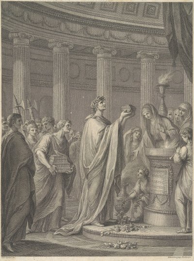 O general romano Júlio César dedica o templo de Vénus Genetrix no Fórum de César, Roma, 46 a.C. de Francesco Bartolozzi
