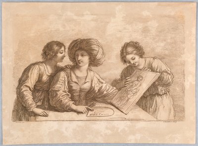Três mulheres com uma paleta e esboço de um design de Francesco Bartolozzi