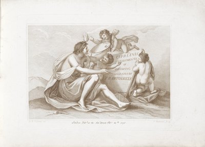 Impressão do título com personificação da pintura Princípios Ciprianis do desenho (título da série) Ciprianis rudimentos de desenho (título da série no objeto) de Francesco Bartolozzi