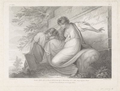 Impressão do título mostrando duas figuras a desenhar numa paisagem
Elementos do Desenho (título sobre o objecto) de Francesco Bartolozzi