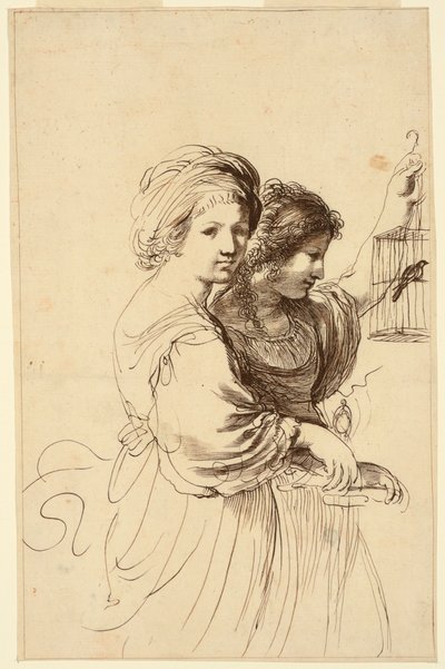 Duas meninas, uma segurando uma gaiola de Francesco Bartolozzi