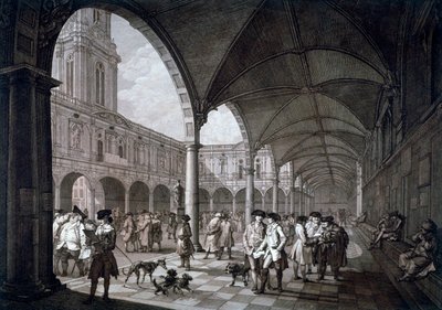 Vista do pátio no Royal Exchange com comerciantes e corretores, cidade de Londres, 1788 de Francesco Bartolozzi