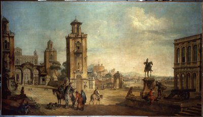 ""Cena de rua em uma cidade, a grande praça com monumentos"" (Vista de uma cidade) Pintura de Francesco Battaglioli (ec. venit.) (1722-1790) Museu Hermitage do século XVIII, São Petersburgo de Francesco Battaglioli