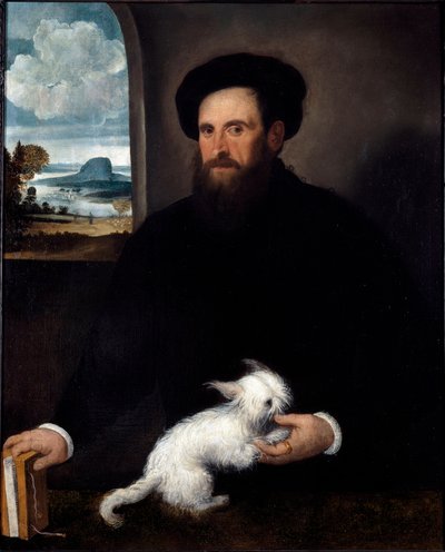 Retrato do Cavalheiro com a Pintura do Cãozinho de Francesco Beccaruzzi (ca. 1492-1563) 1540 aproximadamente Dim. 101x84 cm Milão, Civiche Raccolte del Castello Sforzesco de Francesco Beccaruzzi