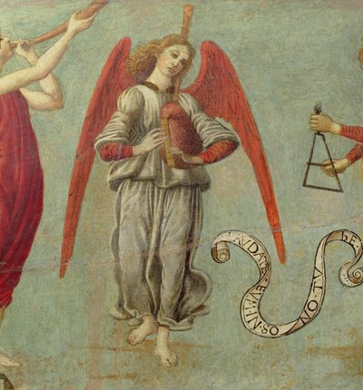 Anjo tocando gaita de foles, c.1475-97 têmpera no detalhe do painel de 64871, veja também 64873 e 64874 de Francesco Botticini