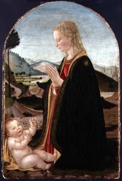 Virgin adorar a criança (tempera com ouro no painel) de Francesco Botticini