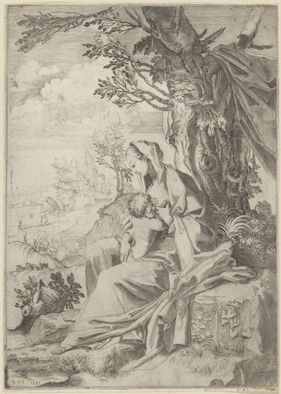 Maria amamentando o menino Jesus em uma paisagem de Francesco Brizio