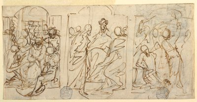 Desenho, Três fases da Paixão: O escárnio, Cristo perante Pilatos, Flagelação, ca. 1848 de Francesco Coghetti