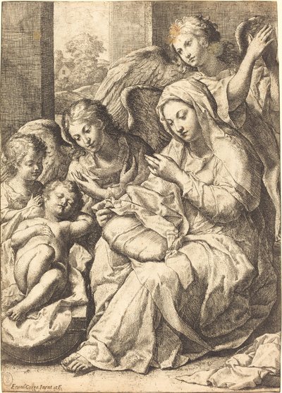 Virgem e anjos vigiando o menino Jesus adormecido de Francesco Cozza