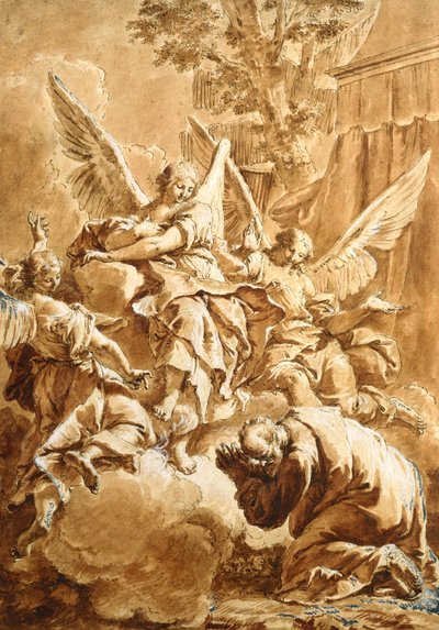 Abraão e os três anjos, c.1750 (caneta e tinta marrom sobre giz preto com lavagem vermelha) de Francesco Fontebasso