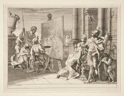 Apeles pintando Campaspe, a amante de Alexandre, o Grande, uma de uma série de oito gravuras (Varii Baccanali et istorie de Francesco Fontebasso