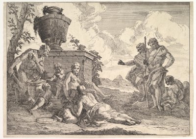 Sátiro com Clube e Sete Figuras, de Bacanal e Histórias, 1744. de Francesco Fontebasso