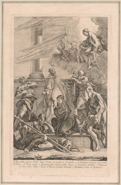 A Madona e o Menino com Dois Anjos e Santos Escolástica, Bento, Rocha, Pedro, Paulo e Jerônimo de Francesco Fontebasso after Sebastiano Ricci