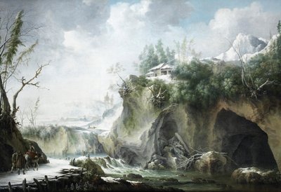 Uma paisagem fluvial no inverno, com viajantes num caminho coberto de neve de Francesco Foschi