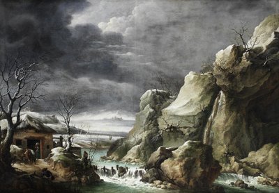 Viajantes aproximam-se de um celeiro numa paisagem de inverno, sob um céu tempestuoso de Francesco Foschi