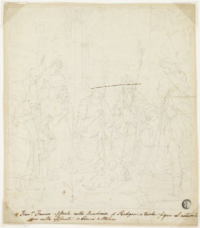 Adoração do Menino Jesus, com os Santos José, Francisco de Assis e Agostinho, com a presença de Anton Galeazzo Bentivoglio e Alessandro Bentivoglio de Francesco Francia