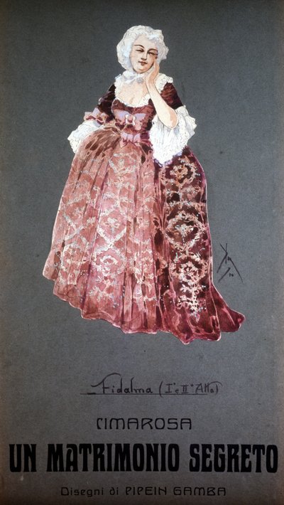 Personagem "Fidalma" em "Casamento Secreto" de Domenico Cimarosa (1749 - 1801). Roupa de F. Gamba - Scala de Milão de Francesco Gamba