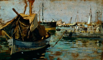 A trabalhar no porto de Livorno (Leghorn) por Francesco Gioli (1846-1922), óleo sobre painel, 22x38 cm de Francesco Gioli