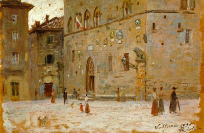 Na praça em Volterra por Francesco Gioli (1846-1922), óleo sobre painel de Francesco Gioli