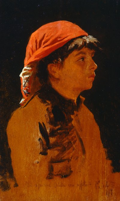 Lenço vermelho de Francesco Gioli (1846-1922), óleo sobre painel, 28x17 cm de Francesco Gioli