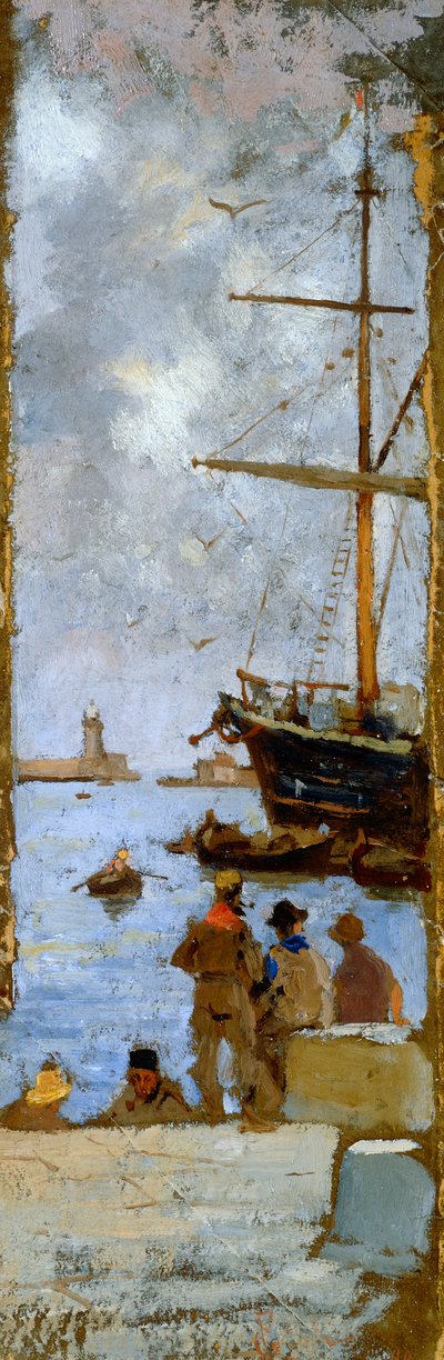 Vista do porto de Livorno por Francesco Gioli (1846-1922), óleo sobre tela transferido para cartão, 38x12 cm de Francesco Gioli