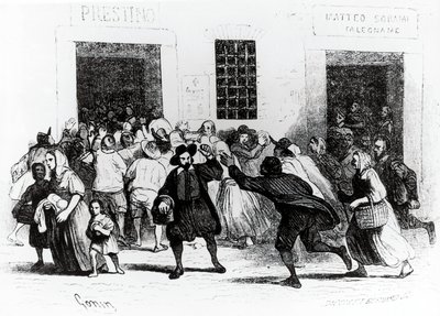 O saque de muletas, episódio de Betrothed, de Alessandro Manzoni (1785-1873), ilustração de Francesco Gonin (1808-1889) 1840 edição de Francesco Gonin