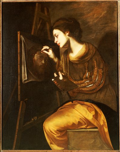 Uma artista pintando a imagem do Sudário de Francesco Guardi
