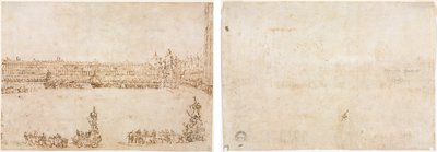 Uma procissão de carros triunfais na Piazza San Marco, Veneza, celebrando a visita do Conti del Nord (reto) Três esboços de arcos (verso) de Francesco Guardi