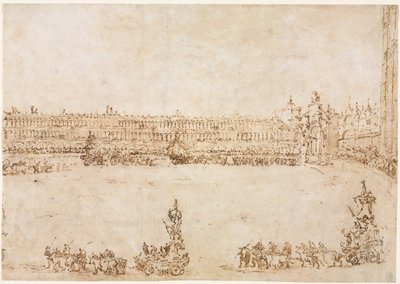 Uma procissão de carros triunfais na Piazza San Marco, Veneza, celebrando a visita ..., 1782. de Francesco Guardi