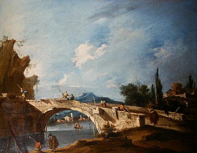 A River Landscape (óleo sobre tela) de Francesco Guardi