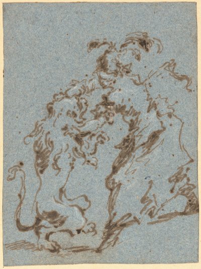 Uma mulher elegantemente vestida lutando com um leão de Francesco Guardi