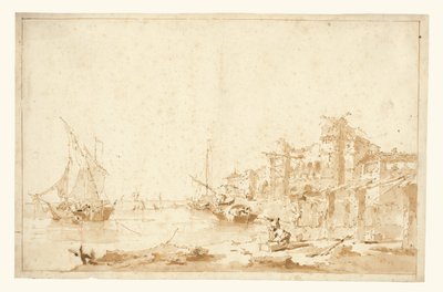 Uma vista imaginária de uma lagoa veneziana, com uma fortaleza junto à costa de Francesco Guardi