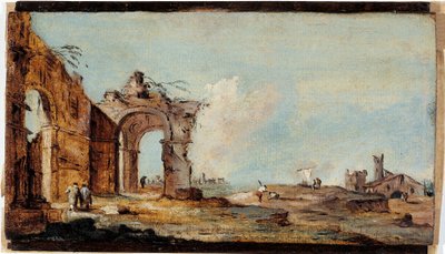 Caprice, com arco em ruínas e casas de pescadores de Francesco Guardi