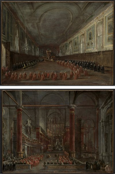 Papa Pio VI descendo o trono para despedir-se do Doge no Salão da SS. Giovanni e Paolo, 1782 e Cerimônia Pontifícia em SS. Giovanni e Paolo, Veneza, 1782 (par) de Francesco Guardi
