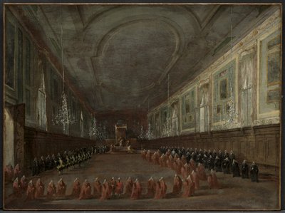 Papa Pio VI descendo o trono para despedir-se do Doge no Salão da SS. Giovanni e Paulo, 1782 de Francesco Guardi