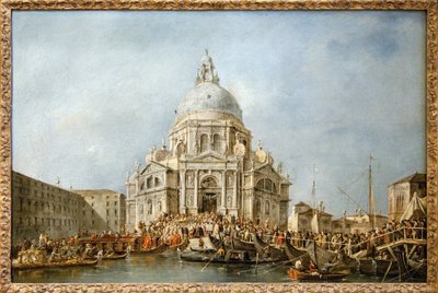 O Doge de Veneza vai à Saudação de Veneza, Todos os anos no dia 21 de Novembro o Doge vai à Basílica de Santa Maria della Salute, edificada em acção de graças pelo fim da praga de 1630, para agradecer à Virgem por esta delivrance, uma ponte de barco. de Francesco Guardi