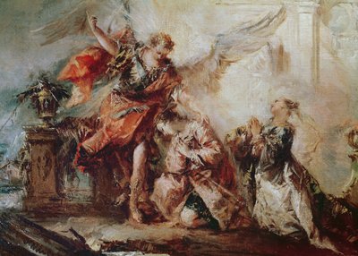 O Casamento de Tobias, detalhe do casal Sara e Tobias antes do intermediário de Rafael dar graças a Deus, c.1750 de Francesco Guardi