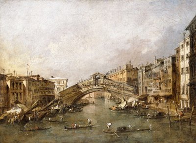 A ponte Rialto, Veneza, com gôndolas em primeiro plano, de Francesco Guardi