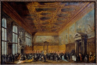 A audiência concedida pelo Doge de Veneza (provavelmente Alvise IV Mocinego (1701-1778)) na Sala do Colégio no Palácio Ducal de Veneza Pintura de Francesco Guardi (1712-1793) 1766-1770 Sol. 0,67 x 1,01 m de Francesco Guardi