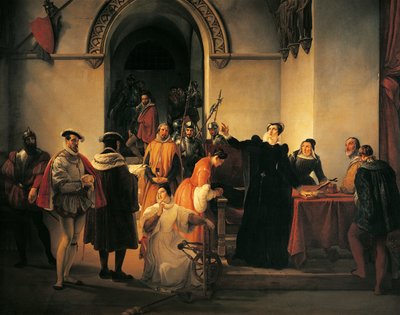 Mary Queen of Scots protestando a sua inocência perante os xerifes quando a sua sentença de morte é lida, por Francesco Hayez (1791-1882) de Francesco Hayez