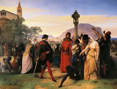 Vésperas sicilianas, a noiva de Ruggiero Mastrangelo de Palermo insultada pelo francês Droetto é vingada com sua morte de Francesco Hayez