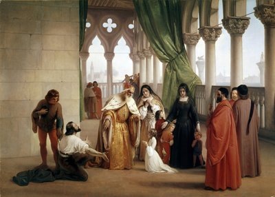 Os Dois Foscari: Francesco Foscari, Doge de Veneza banindo o seu filho Jacopo da acusação de traição por correspondência no exílio (óleo sobre tela, cerca de 1852) de Francesco Hayez