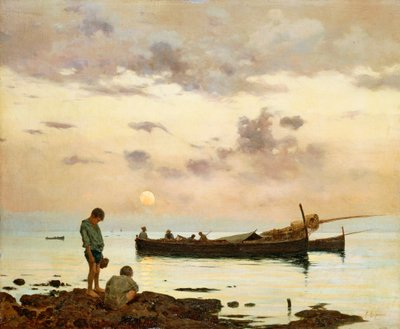 Marina com barco de pesca e rapazes, de Francesco Lojacono (1838-1915), óleo sobre tela, 64x77 cm de Francesco Lojacono