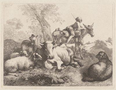Menino em um burro cuidando de um grupo de animais, 1763. de Francesco Londonio